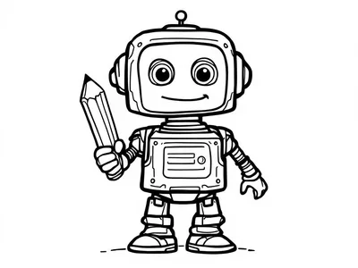 Een schattige robot met een potlood in zijn hand, klaar voor een kleurplaat.