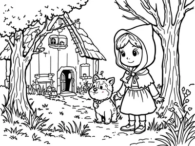 Kleurplaat van Roodkapje met haar hondje voor een huisje in het bos.