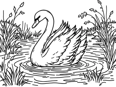 Kleurplaat van een sierlijke zwaan die in het water drijft, omringd door riet en planten.
