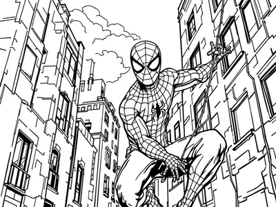 Spiderman op een gebouw in een kleurplaat.
