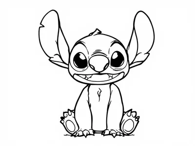 Een kleurplaat van Stitch, een schattige alien, zittend in het gras.