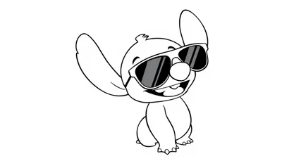 Een vrolijke kleurplaat van Stitch met een stoere zonnebril op.