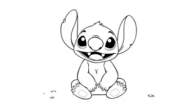 Een kleurplaat van Stitch die vrolijk op het strand zit.