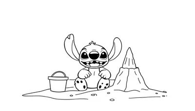 Kleurplaat van Stitch op het strand met een zandkasteel en een emmer.