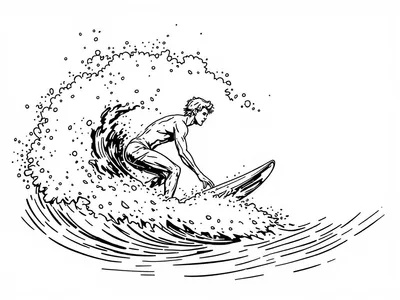 Kleurplaat van een surfer in een grote golf.