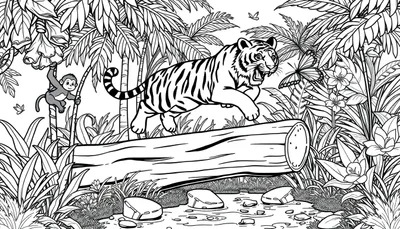 Kleurplaat van een tijger in de jungle, springend over een boomstam met een aapje in de achtergrond.