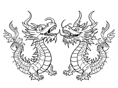 Kleurplaat van een twee koppige draak en een Chinese draak.