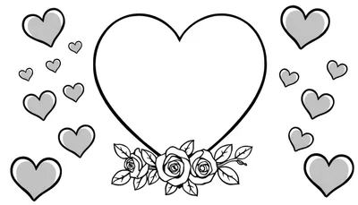 Kleurplaat van een groot hart met bloemen onderaan en kleine hartjes eromheen.
