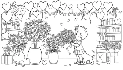 Kleurplaat van een jongen met een boeket rozen in een vrolijke Valentijnsdag-setting.
