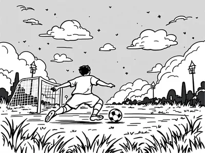 Kleurplaat van een voetballer die op het punt staat te scoren op een grasveld.