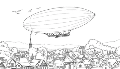 Een kleurplaat van een zeppelin die boven een dorp vliegt.