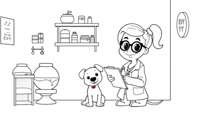 Kleurplaat van Evy als dierenarts samen met een puppy in de praktijk.