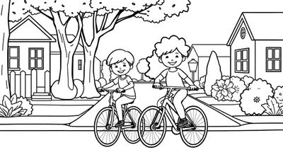 Kleurplaat van twee kinderen die samen fietsen in een gezellige buurt.