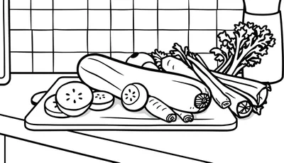 Kleurplaat van groenten zoals wortels, courgette en selder op een snijplank in de keuken.