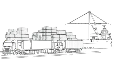 Kleurplaat van een haven met vrachtwagens, containers en een schip.