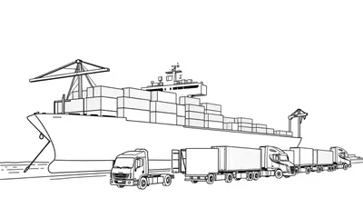 Kleurplaat van een haven met een groot containerschip en vrachtwagens.