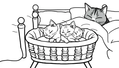 Een kleurplaat van drie slapende kittens in een wieg naast een bed waarin papa en mama poes slapen.