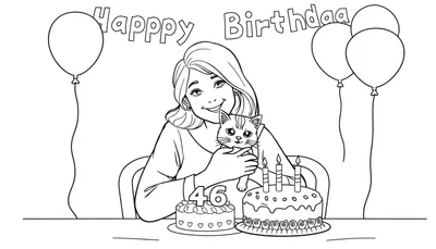 Kleurplaat van een jarige vrouw van 46 jaar die een kat knuffelt met een verjaardagstaart, ballonnen en slingers op de achtergrond.
