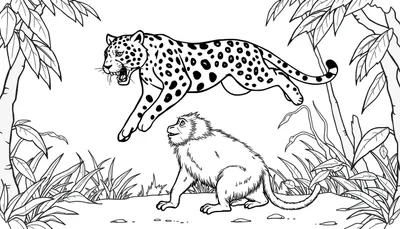 Kleurplaat met een baviaan en een springende jaguar in de jungle.