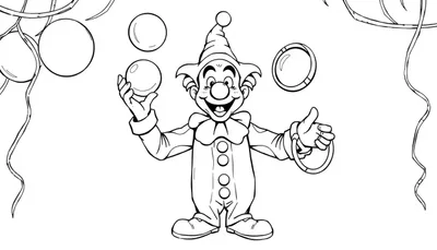 Een kleurplaat van een lachende clown die jongleert met ballen, omringd door slingers.