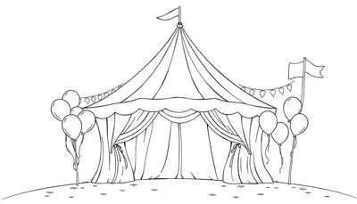 Kleurplaat van een feestelijke festivaltent met vlaggetjes en ballonnen.