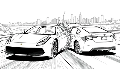 Kleurplaat van een crash tussen een Ferrari en een Toyota op de snelweg met een stad op de achtergrond.
