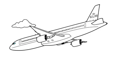 Een kleurplaat van een KLM-vliegtuig dat door de lucht vliegt.