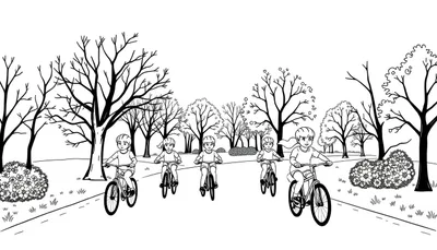 Kleurplaat van kinderen op fietsen in een buurt met bomen en struiken.
