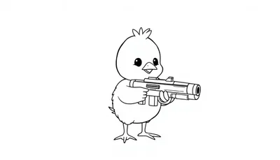 Kleurplaat van een schattig kuiken met een grappige minigun.