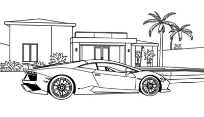 Kleurplaat van een luxe huis met een Lamborghini en een zwembad.