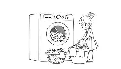 Kleurplaat van een meisje dat de wasmachine leegmaakt.