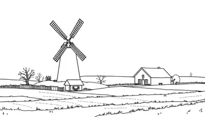 Kleurplaat van een Nederlandse molen in een landelijke omgeving