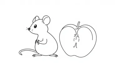 Kleurplaat van een muis naast een half opgegeten appel.