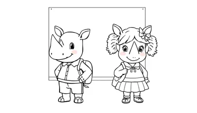 Kleurplaat van twee schattige neushoorns in schooloutfits voor een schoolbord.