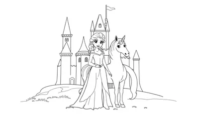 Kleurplaat van een kasteel met een prinses en een unicorn.
