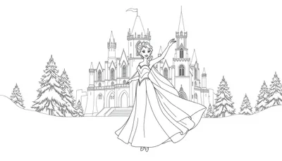 Kleurplaat van een prinses in een mooie jurk voor een groot kasteel omringd door besneeuwde bomen.