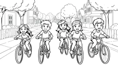 Kleurplaat van vijf kinderen die samen in de buurt aan het fietsen zijn, omringd door huizen en bomen.
