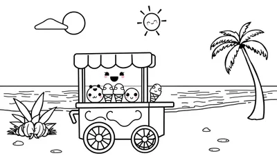 Kawaii kleurplaat met een vrolijke ijsjeskar op het strand onder de zon.