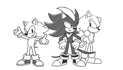 Kleurplaat van Sonic, Shadow en nog een karakter met vrolijke houdingen.
