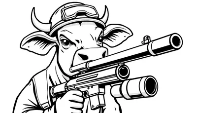 Kleurplaat van een dappere koe met een minigun.
