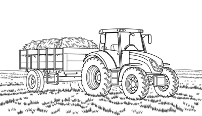 Een kleurplaat van een tractor die een kar gevuld met hooi trekt.