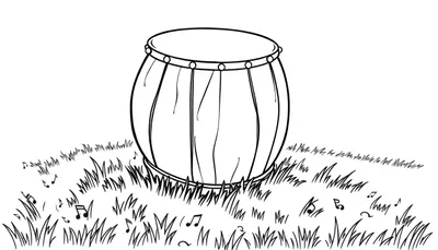 Kleurplaat van een trommel in het gras met muzieknoten eromheen.