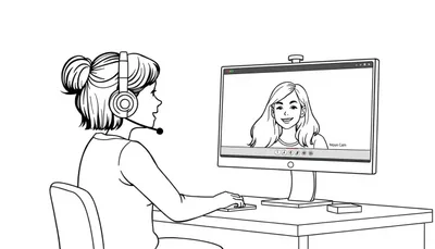 Een kleurplaat van een meisje met een headset dat achter een computer zit en videobelt met een vriendinnetje.