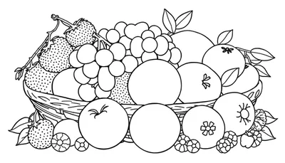 Een kleurplaat van een mand vol fruit, met druiven, aardbeien, sinaasappels en meer.