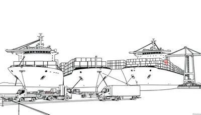 Een kleurplaat van grote vrachtschepen in een haven met vrachtwagens op de kade.