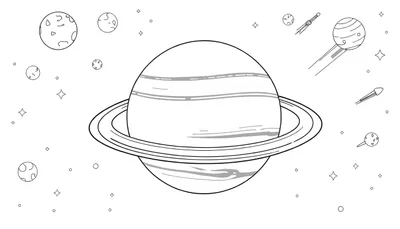 Kleurplaat van een grote planeet met ringen, omringd door sterren en kleine planeten.