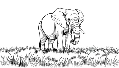 Een zwart-wit kleurplaat van een olifant die in het gras staat.