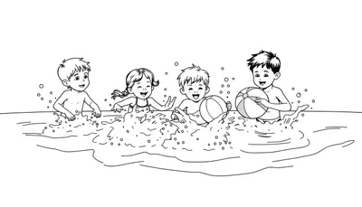 Kleurplaat van kinderen die in een zwembad spelen met een strandbal.