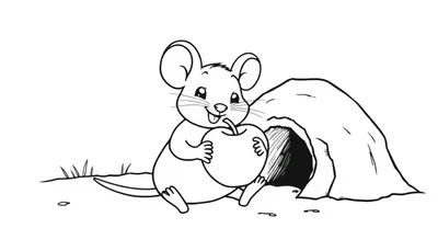 Een schattig muisje met een appel voor zijn holletje, kleurplaat.