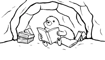 Kleurplaat van een mol die in zijn hol een boek leest.